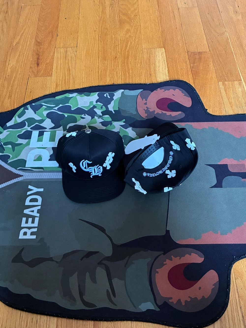 Chrome Hearts Black Snapback Hat with White Cross Embroidery